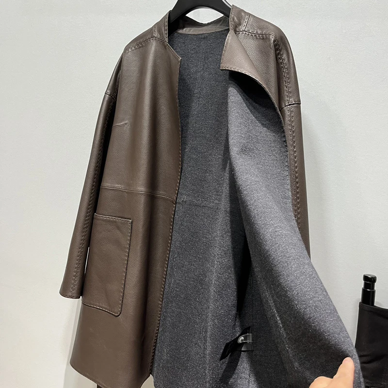 Frauen Echte Leder Jacke Herbst High-End Importiert Ziegenleder Lychee Muster Lange Lose Faul Temperament Damen Leder Mantel