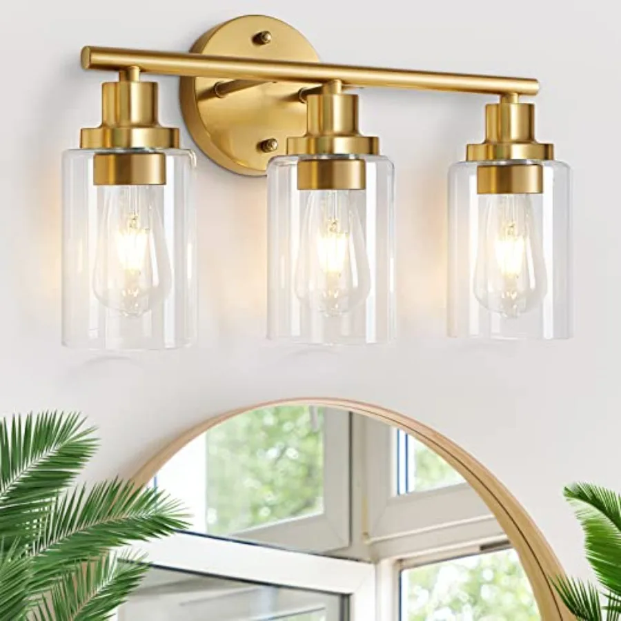 

Bathroom Light Fixtures Gold Vanity Light 3 Light Wall Sconces Lighting Brushed Brass Lights with Clear Glass Shades Bath Wall