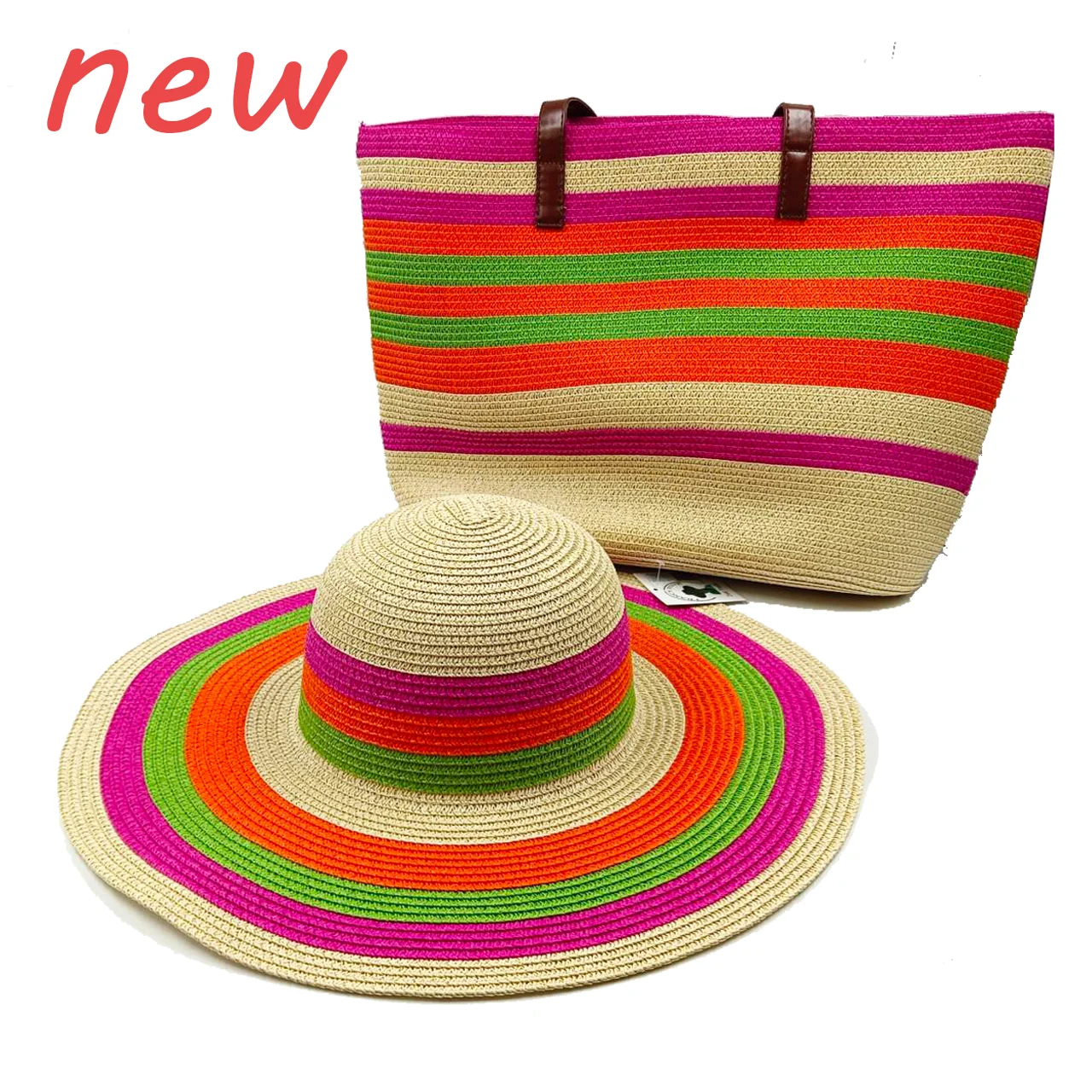 

Summer straw hat bag two-piece suit colorful striped hand-knitted hand outdoor sun hat bikini sombrero de sol para mujer