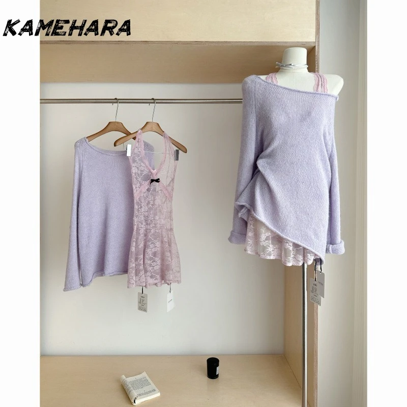 

KAMEHARA Japanese Harajuku Sweater Spring Loose Thin Knit Tees Elegantly Paired Hanging Neck Lace Lining 2-piece Sets 민소매 티 여성