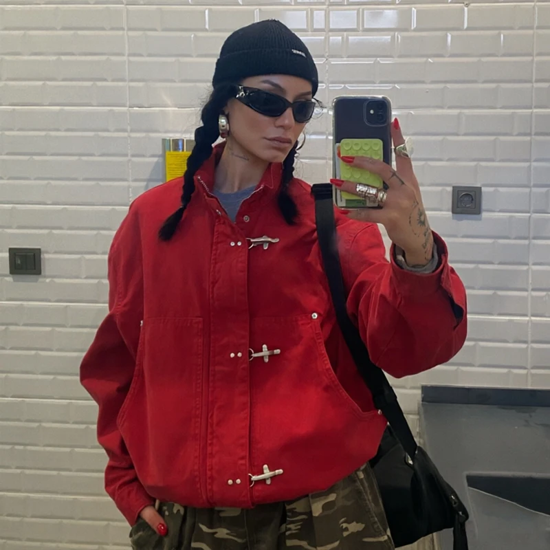 Women's Jacket Red Long Sleeve Casual Jacket For Women Stand Collar Loose Fit Metal Buckle Coat 2026 New Women's Spring Jacket