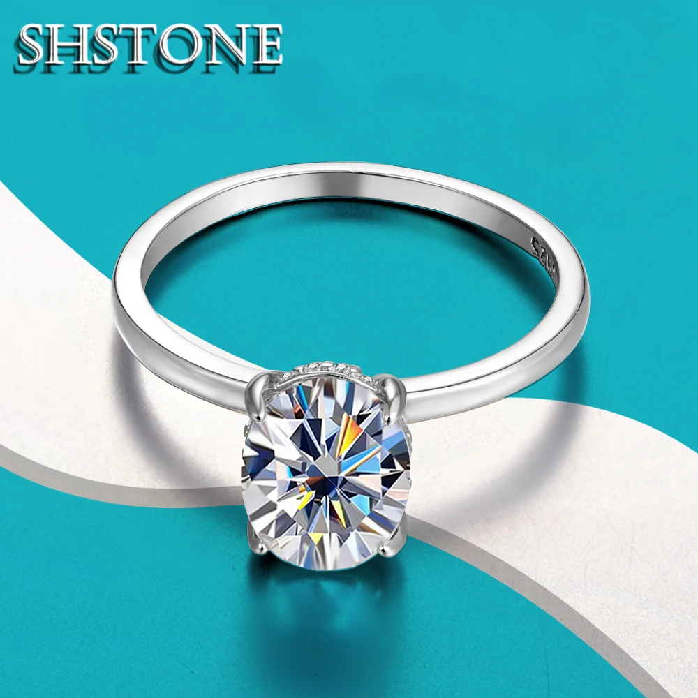 SHSTONE-Oval Cor D Anéis Moissanite para Mulheres, S925 Prata Esterlina, Ouro Branco Anel de Diamante, Noivado, Casamento, Jóias Finas, 3ct