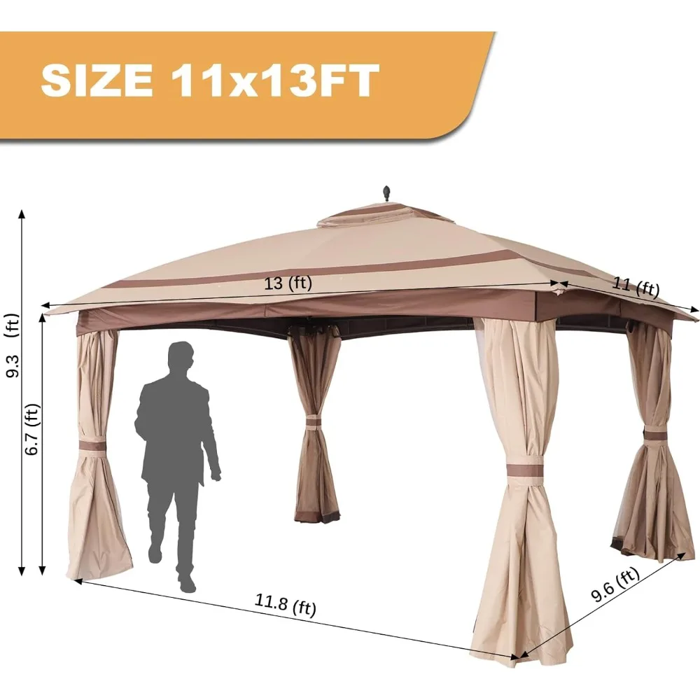 Sunshade  Gazebo 11x13ft   with Curtains, Double Tier Roof Round Leg  for Garden, Deck, Backyard, Lawn Outdoor Decor Pergola