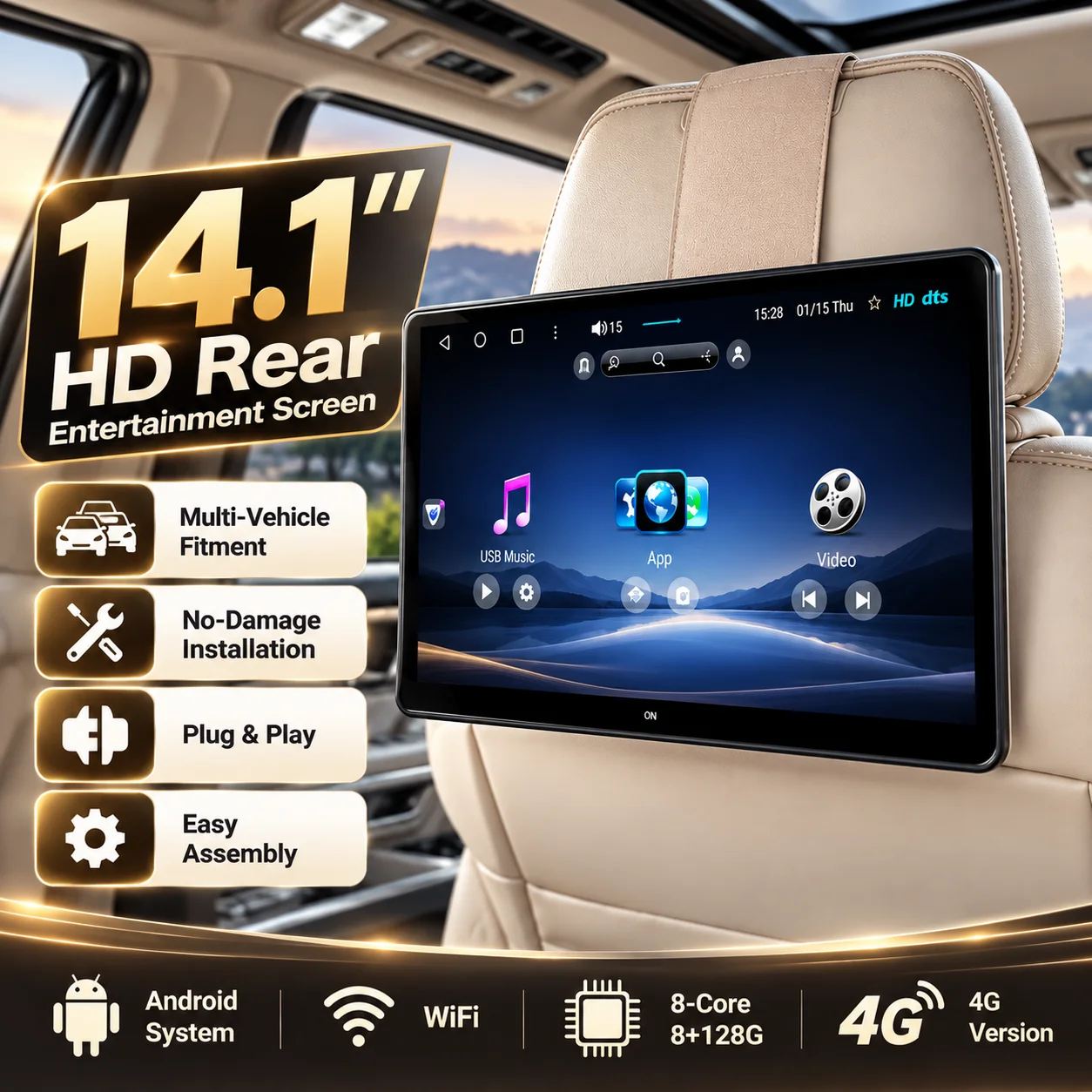 14.1 Inch Headrest Monitor For Toyota / Xiaomi / BYD CarPlay Android Auto GPS 4G WiFi BT Multimedia Player Rear Seat Screen