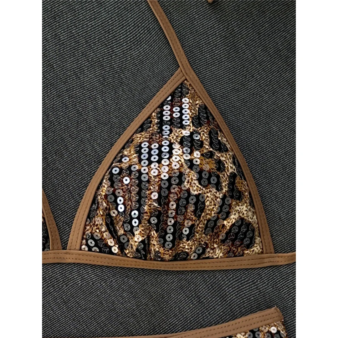 Sexy Bikini mit Leopardenmuster, Neckholder-Design und Pailletten, Damen-Badeanzug, zweiteiliges Bikini-Set, Badebekleidung, Badeanzug, Modell V8312. – Detail 6