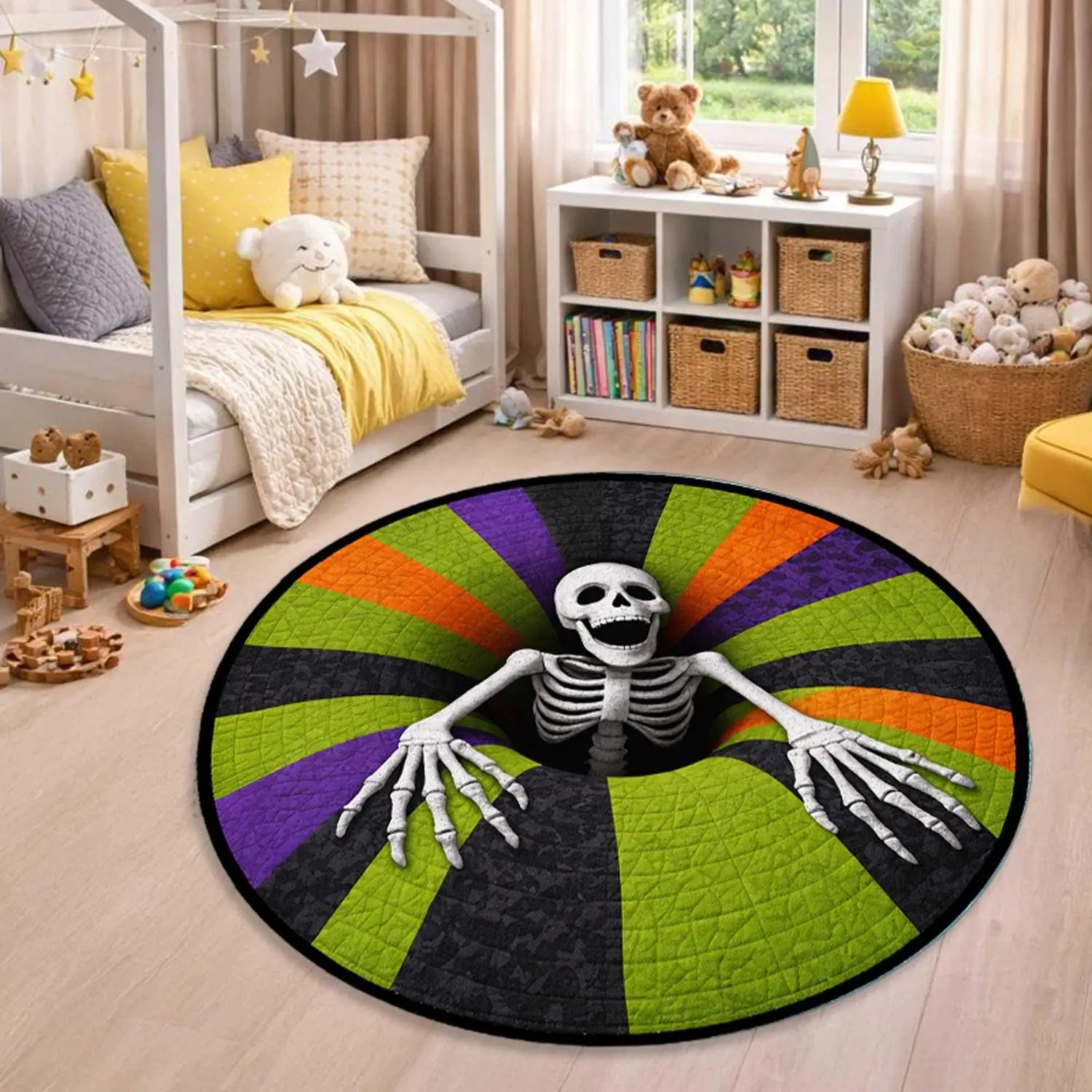 [Room Decoration Carpet] Halloween Skull Optical Illusion Round Carpet, Gothic Children's Room Decoration, 3D Illusion Carpet