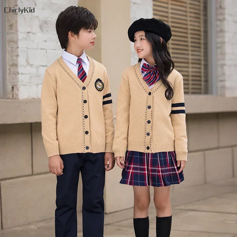 Children School Uniform Girls British Knitted Cardigan Plaid Skirts Pants Boys Formal Dress Suits Kids Student Clothes Class Set