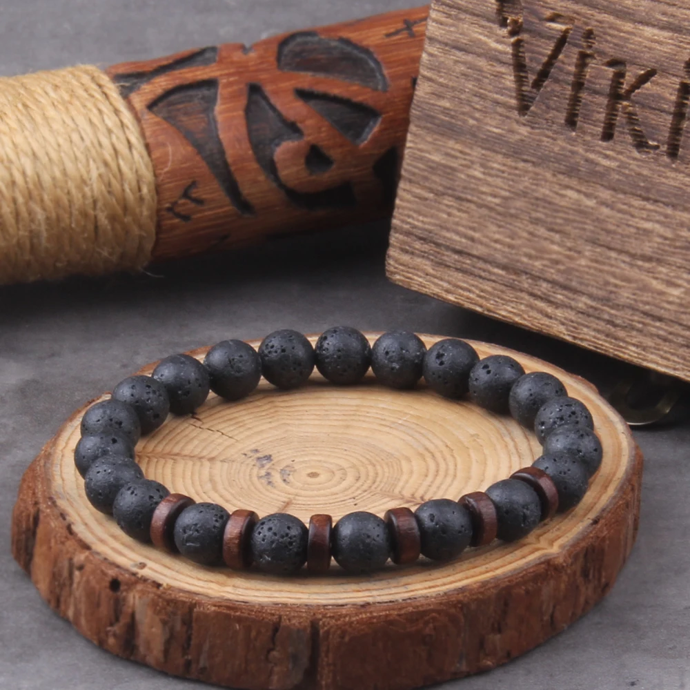 Fashion Natural Lava Stone Wooden Beads Energy Yogi Elastic Stand Bracelet Bangle For Men Accessorie Jewelry Valentine Gift