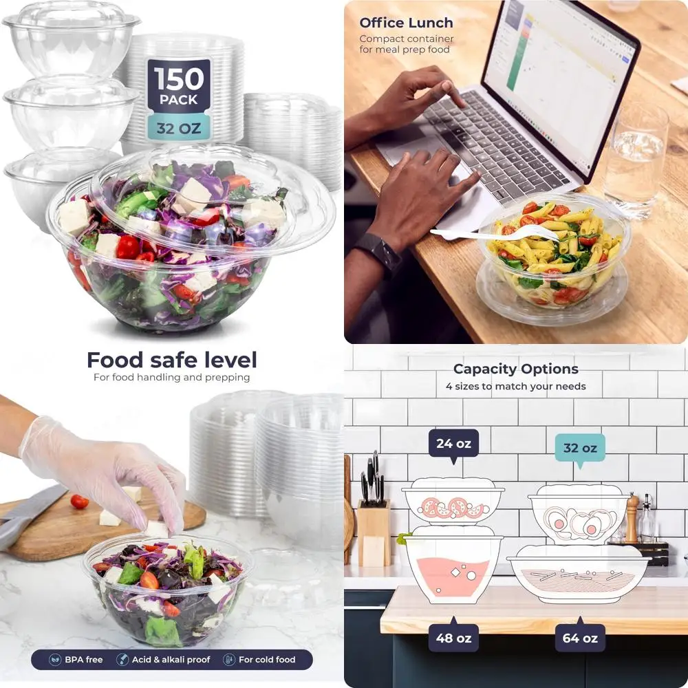 

Одноразовые 150 упаковок, 32 унции, прозрачные пластиковые салатницы с герметичными крышками для приготовления еды, обеда, выноса, вечеринок и общественного питания