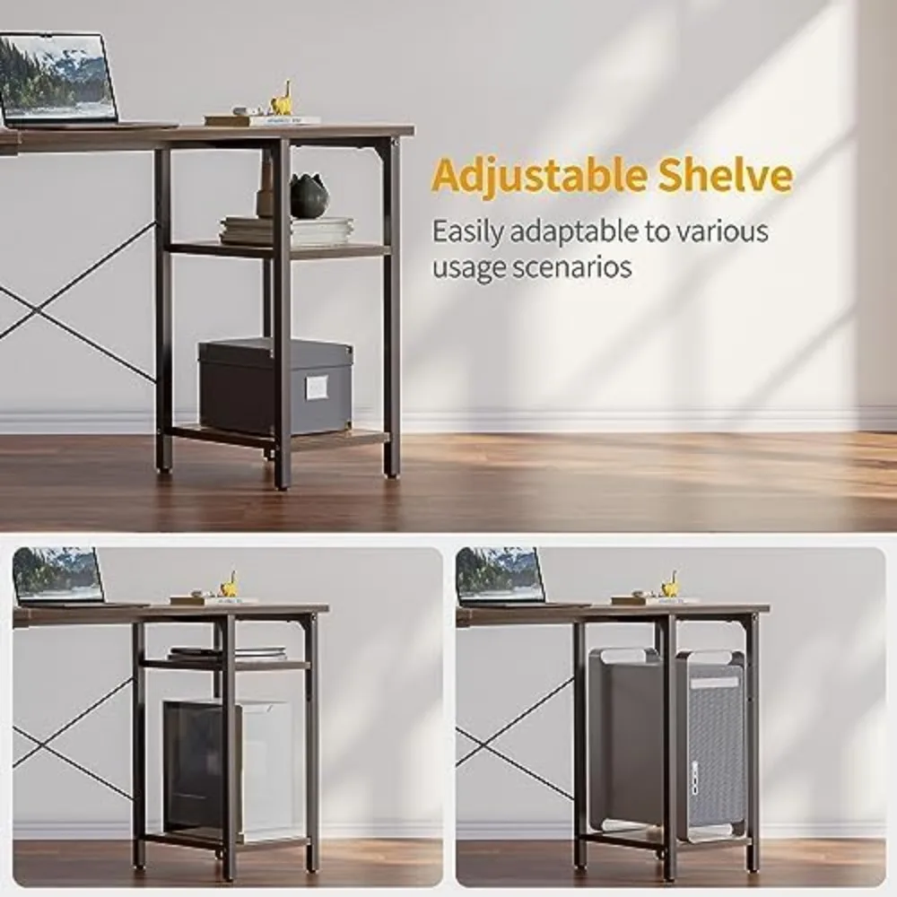 مكتب زاوية على شكل حرف L قابل للعكس مقاس 59.1 بوصة مع أرفف تخزين، مكتب دراسة ألعاب مكتب منزلي واسع باللون البني الريفي