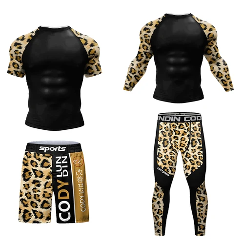 Conjunto de camiseta y pantalón para hombre, pantalones cortos con estampado de leopardo, Kickboxing, Rashguard Jiu Jitsu MMA, Bjj Gi Rash Guard, Gym Muay Thai, ropa activa, nuevo