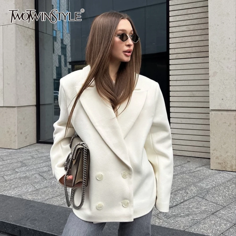 

TWOTWINSTYLE White High End Office Jacket for Women Notched Collar Long Sleeve Patcfhwork Double Breasted Autumn Coat Female New