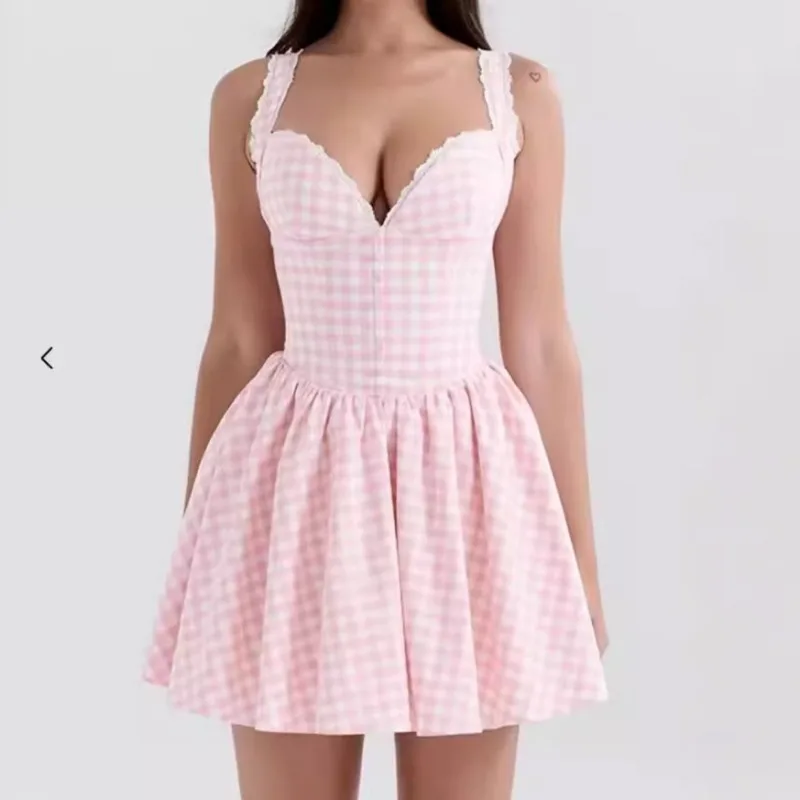 Talenza Sexy Pink Plaid Mini Dress Elegant V Neck Paneled Lace Bodice Mini Slip Dress Women's Sleeveless Mini Dress Party Robe