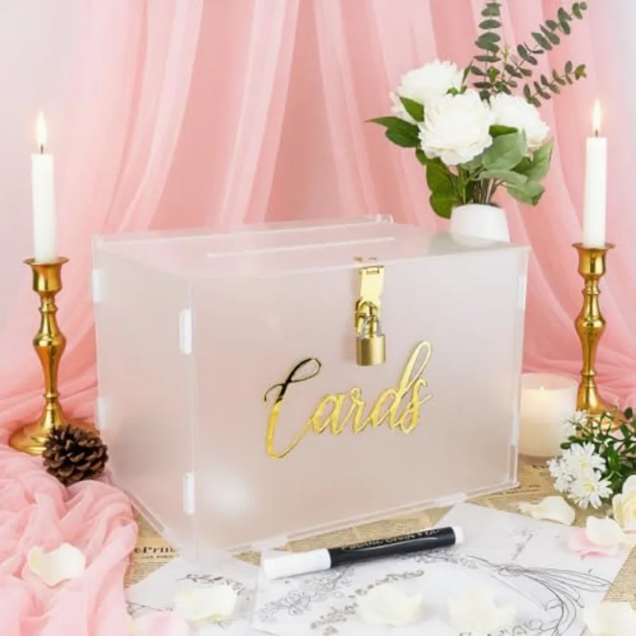 

11" Acrylic Wedding Card Box with Lock Frosted Gift Card Box for Wedding Decorations for Reception Honeymoon Fund Money Box for
