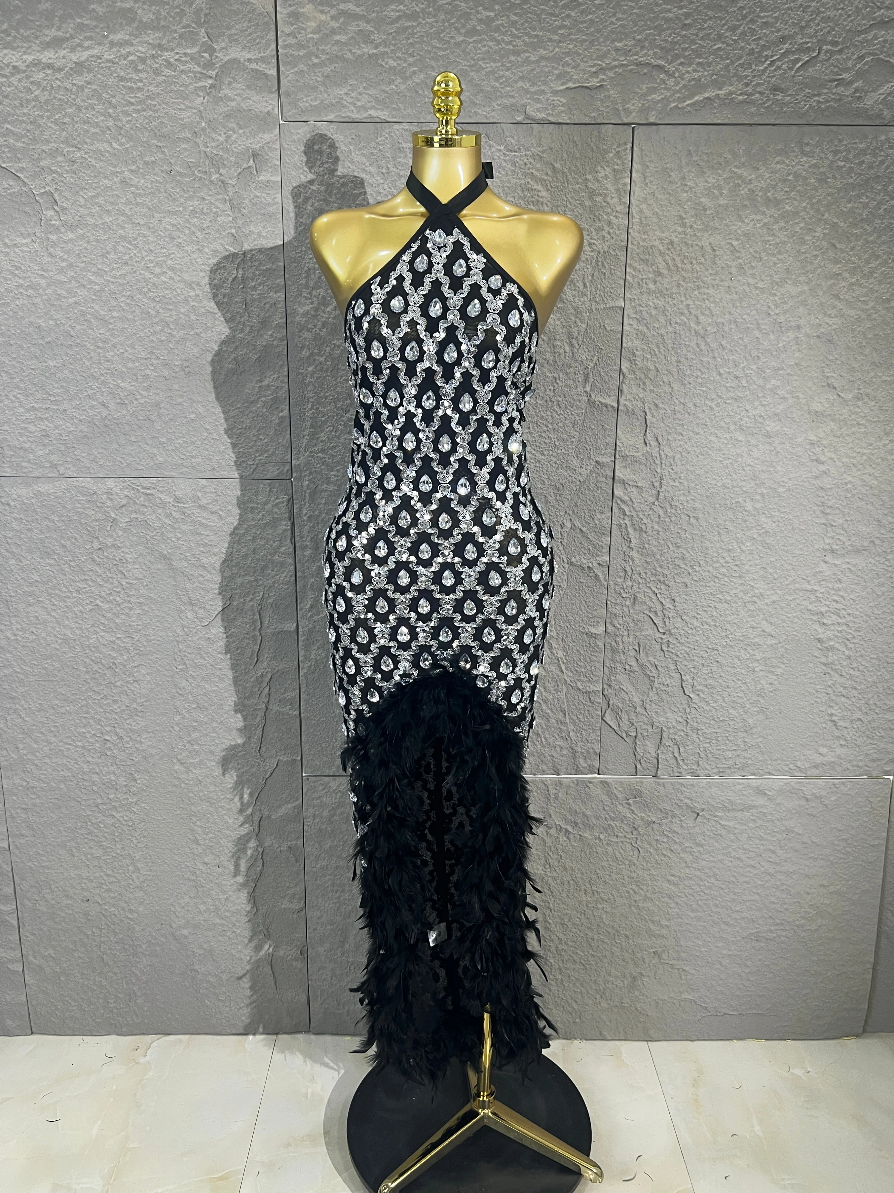 Luxurious and seductive Black Rhinestone Feather Maxi Dress Women Mesh Through Long Gown Evening Prom StagePerformance Costume