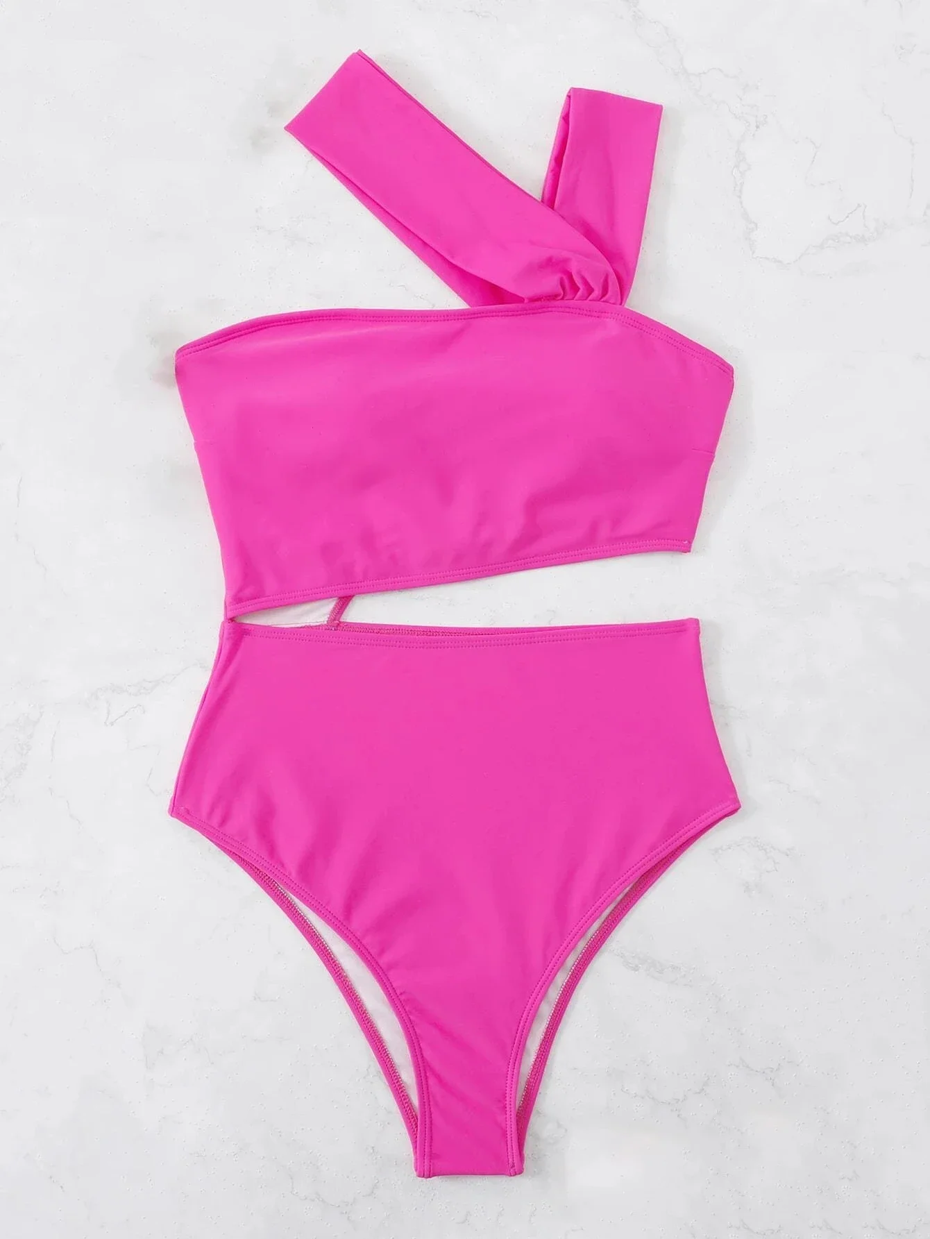 Vrouwen Effen Kleur Een Stuk Badpak Asymmetrische Halslijn Badmode Uitgehold Bodysuit Sexy Badpak Dames Strandkleding