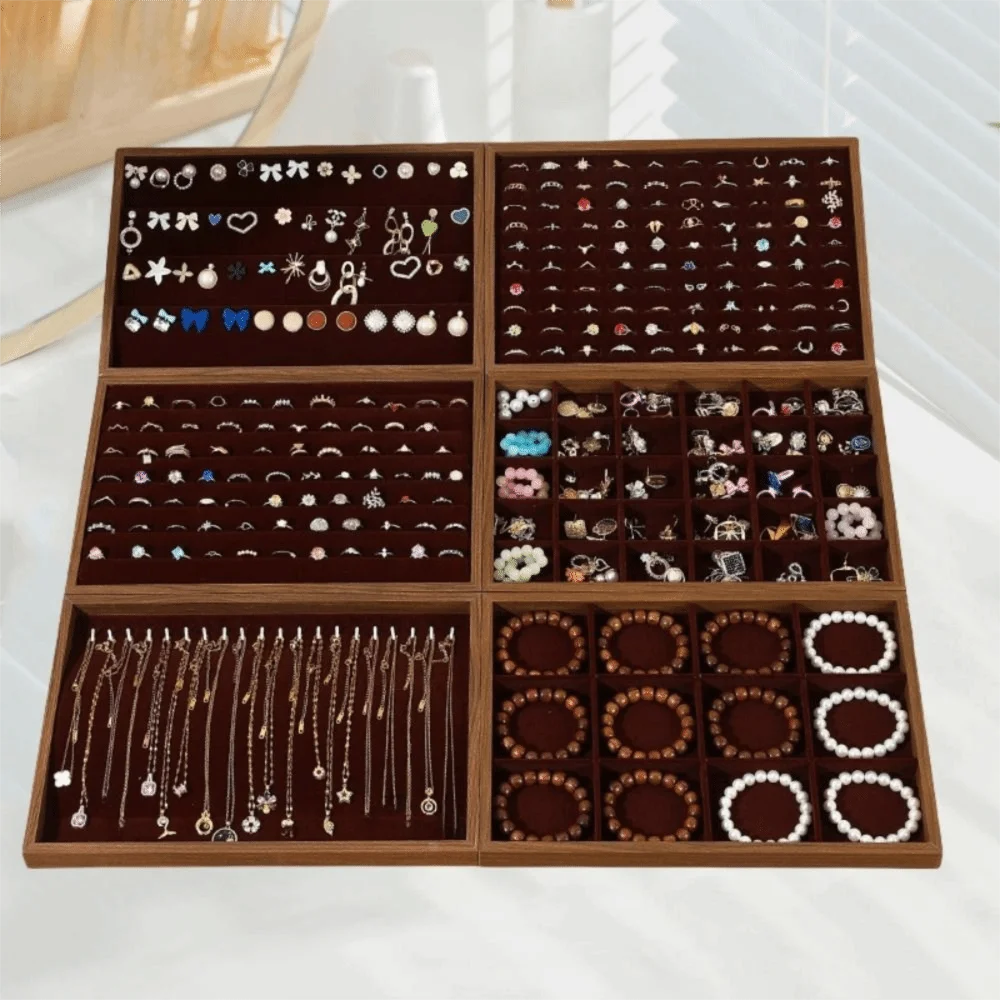 

Stackable Jewelry Display Tray Multi Compartments Anti-slip Wood Velvet Jewelry Pallet Space Saving Flat Bottom
