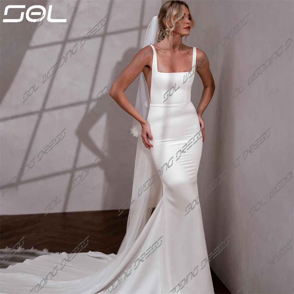 SOL Sexy Detachable Long Train Square Collar Wedding Dresses Elegant Backless Satin Mermaid Bridal Gowns Vestidos De Novia