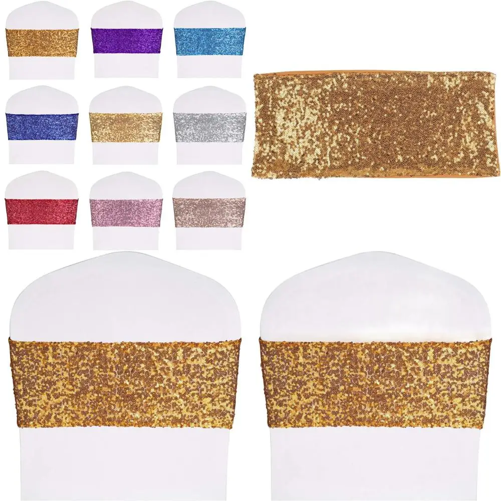 

50 Pack Stretch Sequin Chair Sashes, 4x16 Gold, for Hotel Wedding Receptions & Events