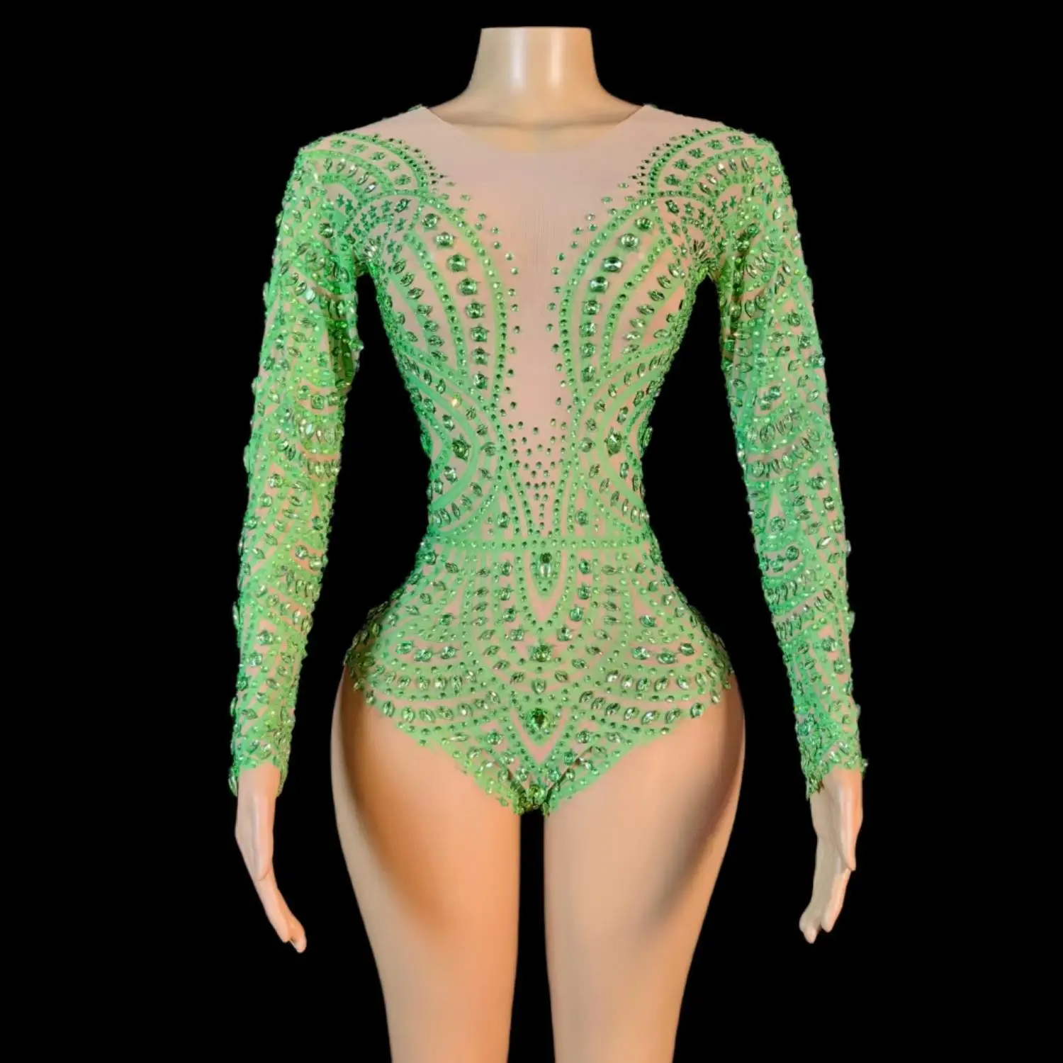 Funkelnde Strass Langarm sexy Tanz sexy Tanz transparente Bodysuit Kostüm Geburtstags feier Outfit Frauen Trikot Bühnen kleidung