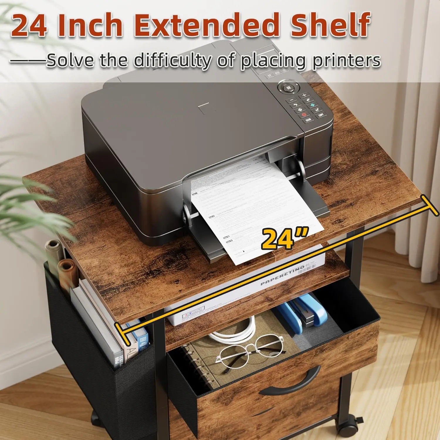 خزانة ملفات ذات درجين مع سطح مكتب ممتد، وخزانة ملفات متدحرجة، باللون البني الفاتح