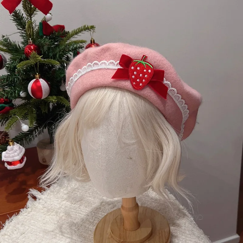 Boina decorativa de morango vintage, adequada para uso diário/data, design de borda de renda, chapéu lolita bonito e versátil, 1 peça