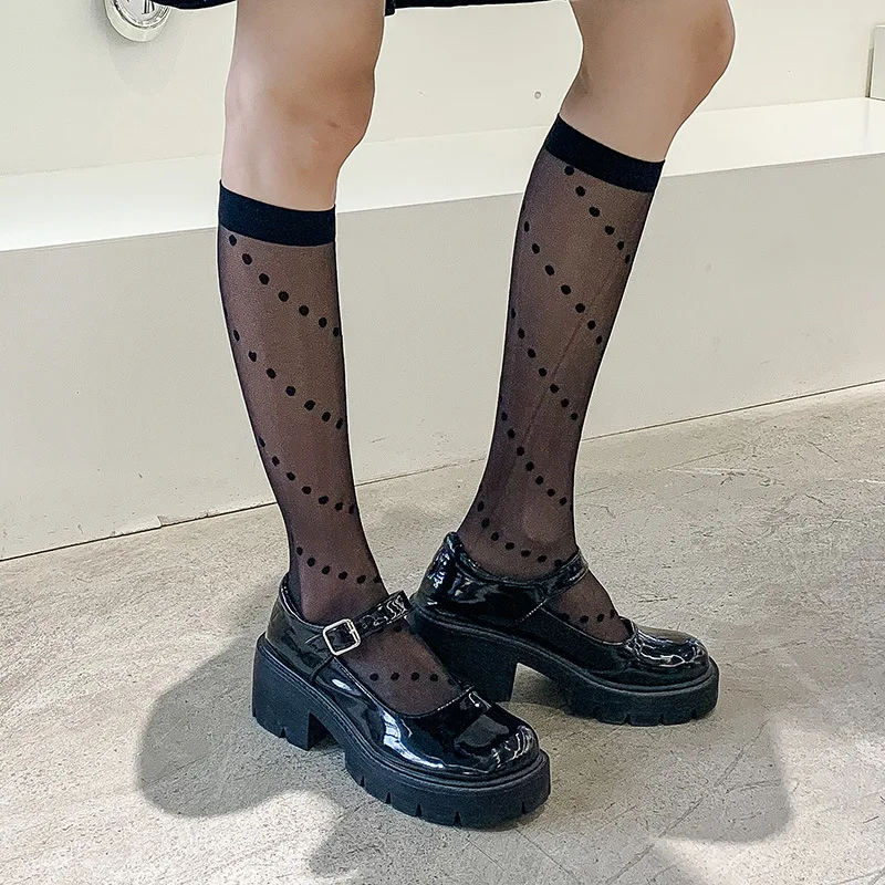 JK Sexy Black Polka Dot Print Long Socks Ultra-thin Mesh Fishnet High Knee Socks Women Summer Thin Transparent Lolita Stockings