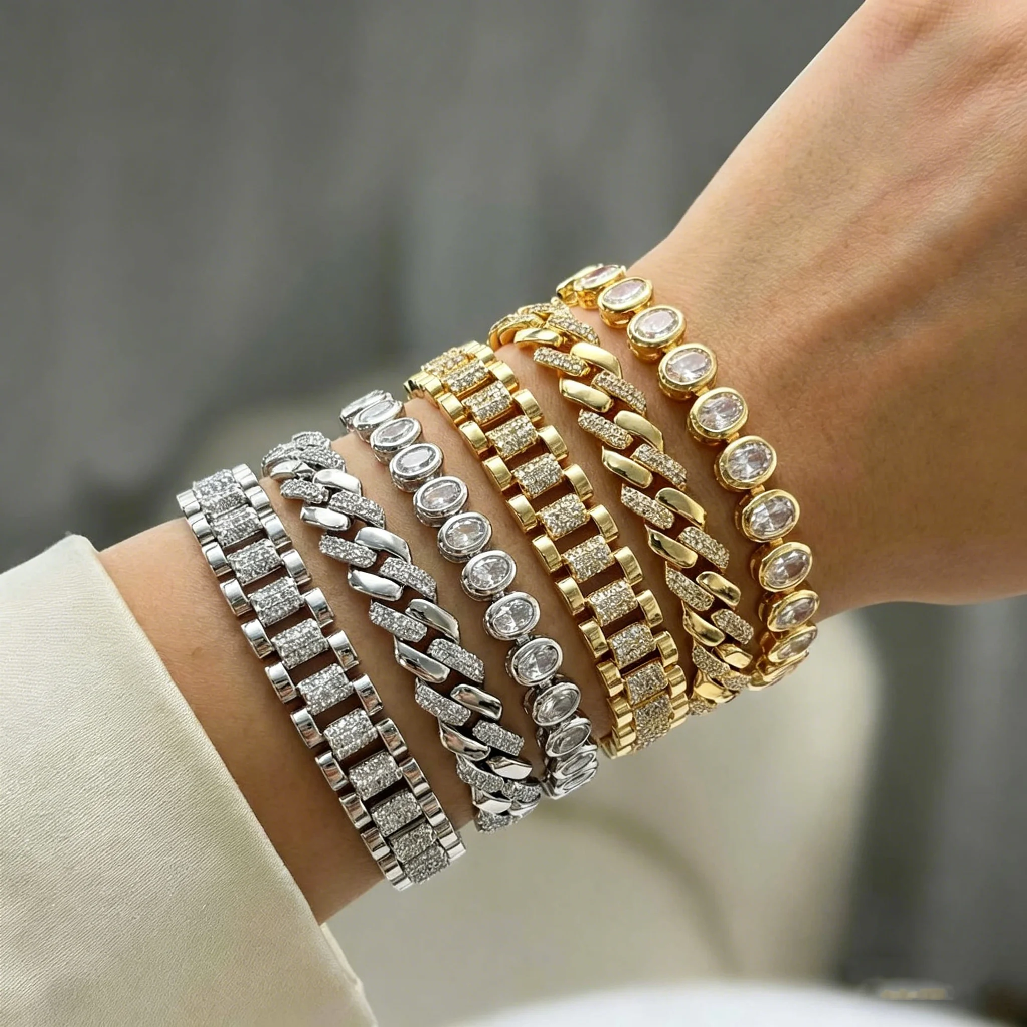 Gold Plated Cubic Zircon Watch Strap Bracelets for Women, Luxury Chunky Link Chain Bracelet, Fashion Stackable Jewelry Gift