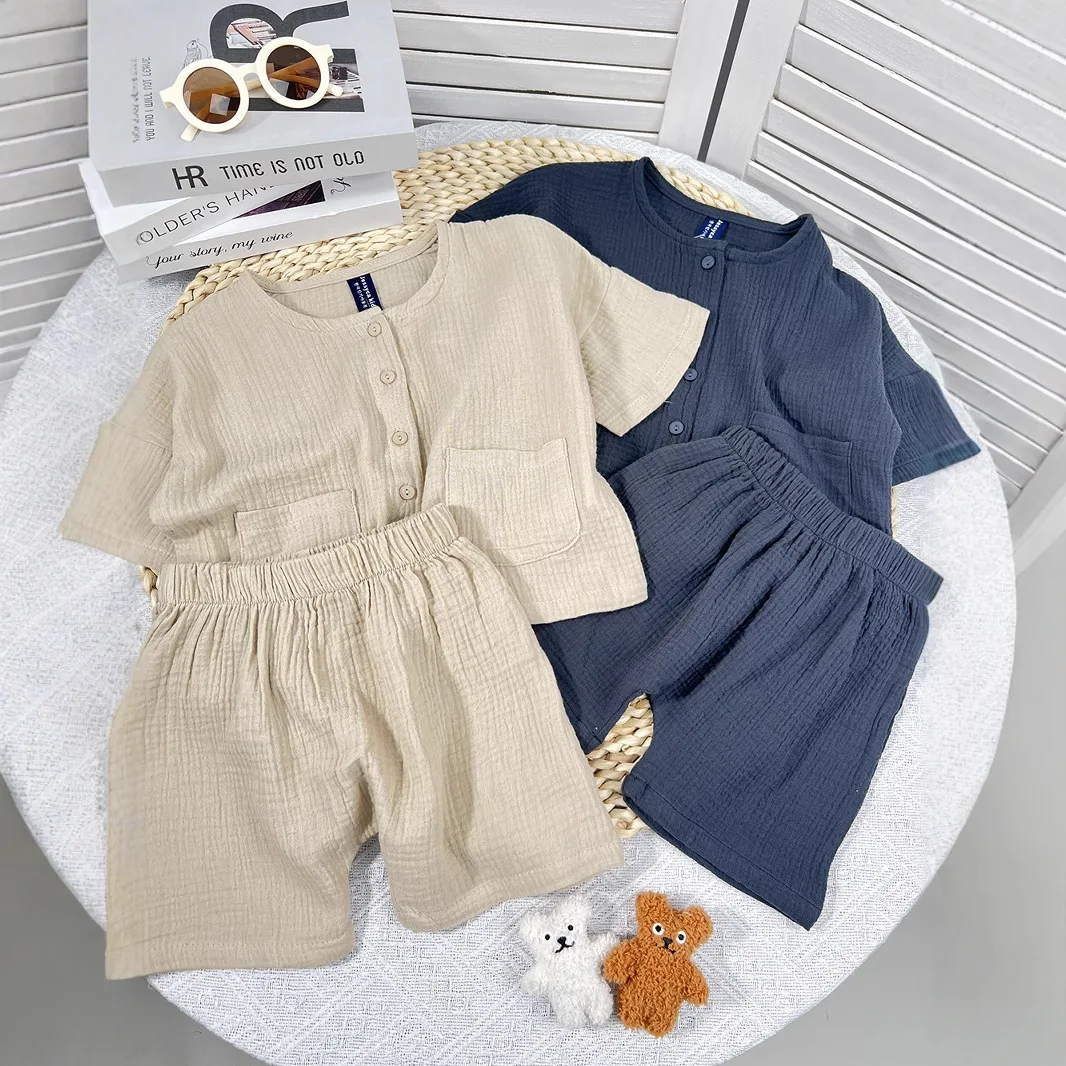 Children's Summer Clothing Korean New Suit Retro Mori Cotton and Linen Wrinkled Single-breasted Loose Boys and Girls Casual Suit