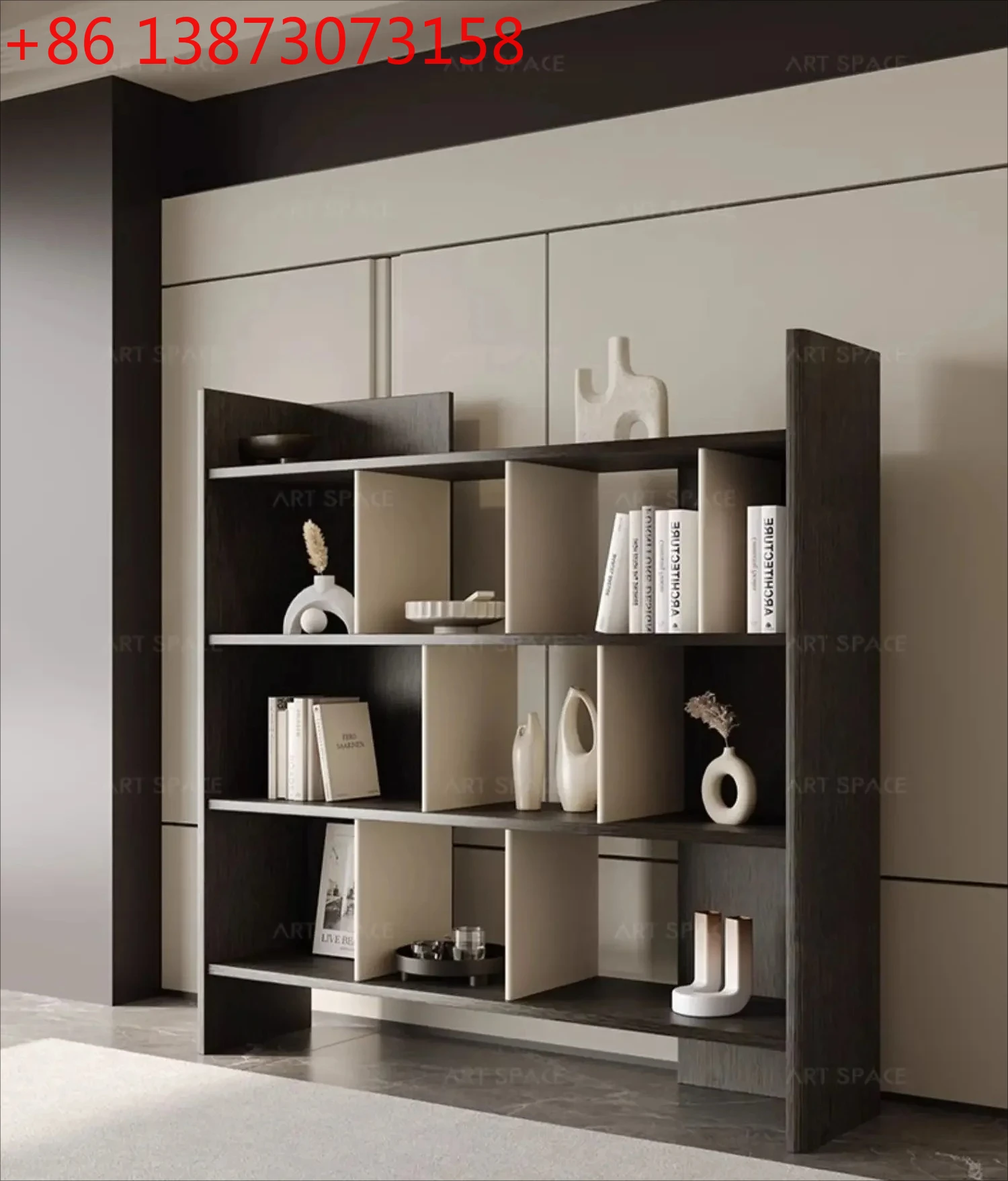 

Итальянский минималистичный книжный шкаф-стеллаж от пола до потолка, интегрированный в стену, съемный, из кожи и массива дерева.