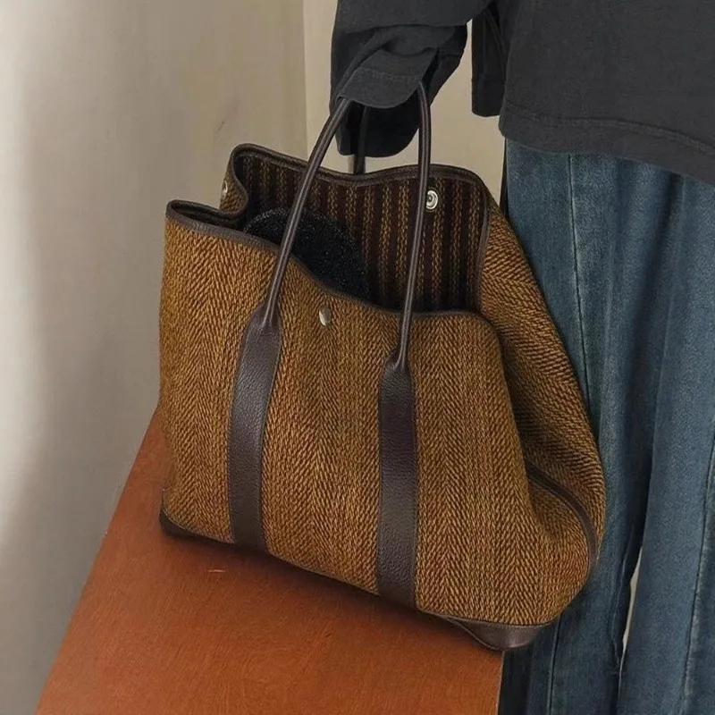 1pcs Shoulder Tote Bag Cotton Linen With Leather Handles Open-top Design Fall Winter Casual Bag