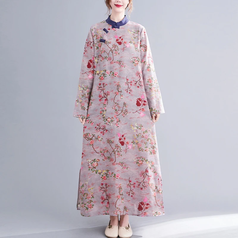 Long Sve Floral Print Cotton Linen Dr Stand Collar Button up  Loose Maxi a Line Skirt Women's Faion