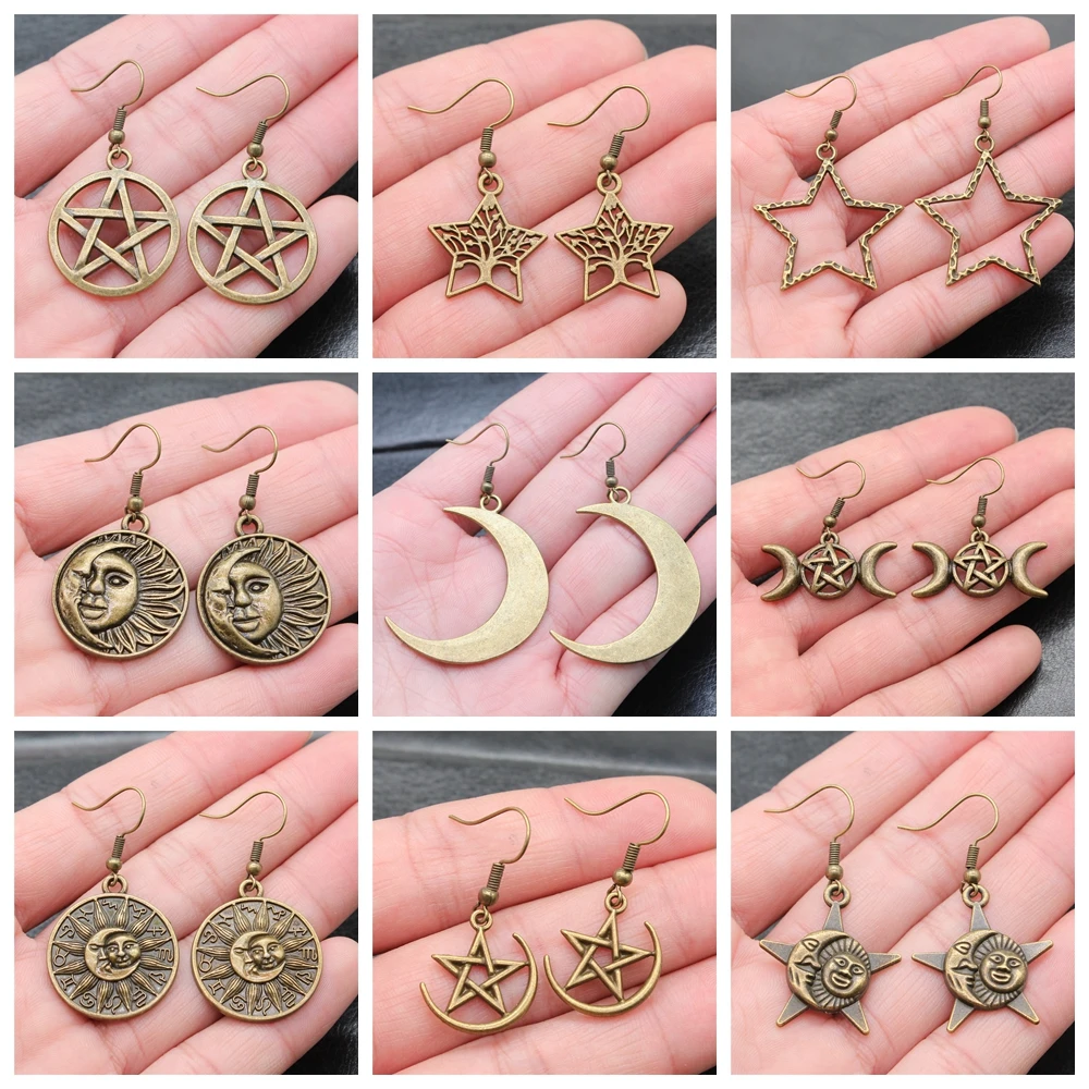 25 styles Vintage Antique Bronze Plated Moon Sun Star Dangle Drop Earrings For Women Inspired Statement Wiccan Jewelry Gift