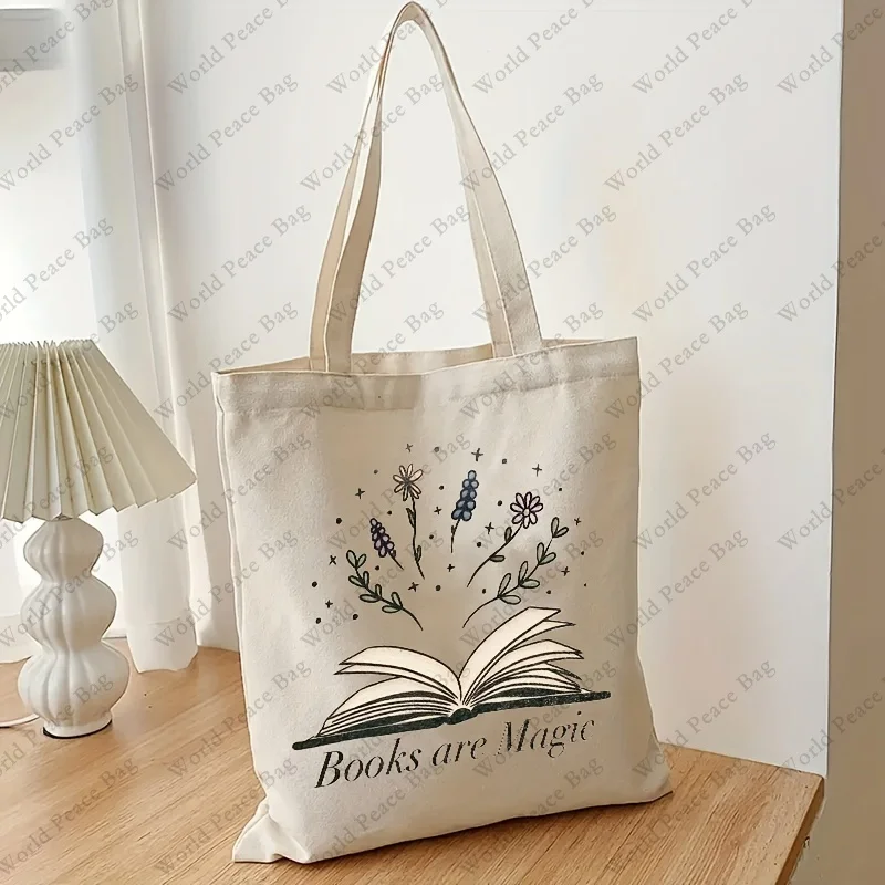 I libri sono una borsa a tracolla con motivo magico, borsa a tracolla Casual, borsa per la spesa con fiori di campo, Shopper in tela, regalo per lei