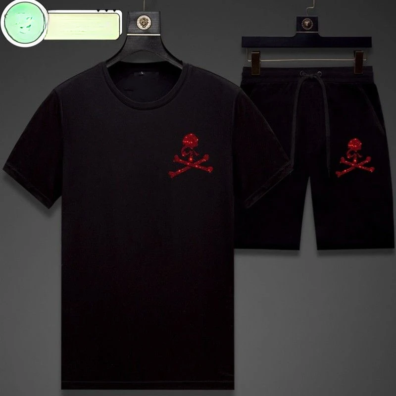 

European and American Short-sleeved T-shirt Set Men's Skull Fashion Trendy Cotton Printed Flow Couple Shorts 2-piece Set