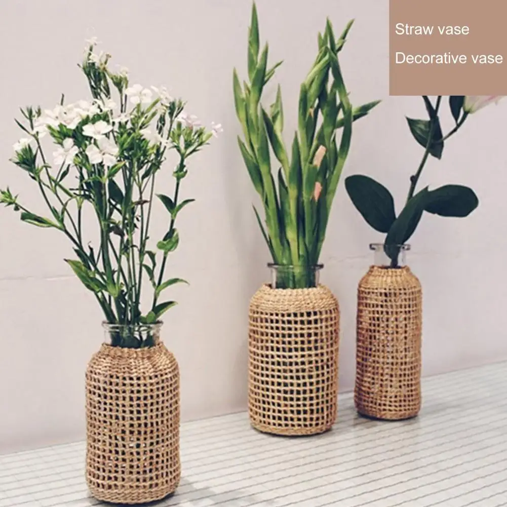 Vine Flower Vase Handmade Straw Woven Anti-broken Plant Pot Japanese Style Glass Vase Table Decoration Scene Layout Prop Home