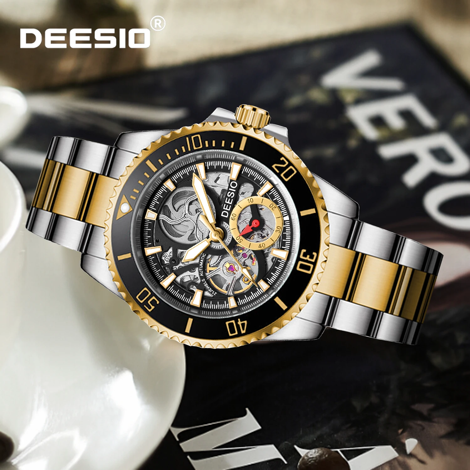 Deesio Jam Tangan Mekanis Otomatis Pria Baru Mewah Jam Tangan Bisnis Bercahaya Tahan Air Kristal Safir Baja Tahan Karat Hadiah