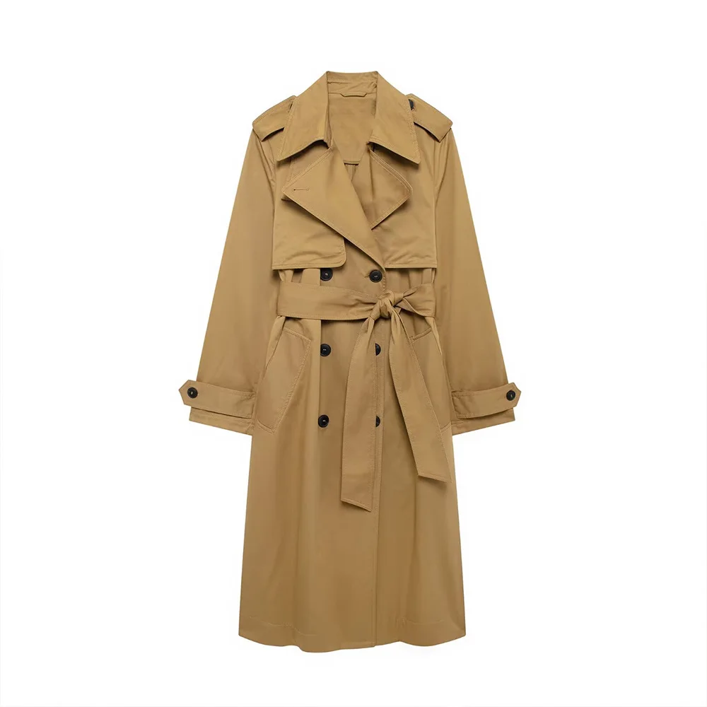 PB & ZA-Women's Slim Fit Belt Trench Coat, Long, Series, Retro, Casual, Female Outerwear, Overshirt, New Fashion, Autumn, 2024