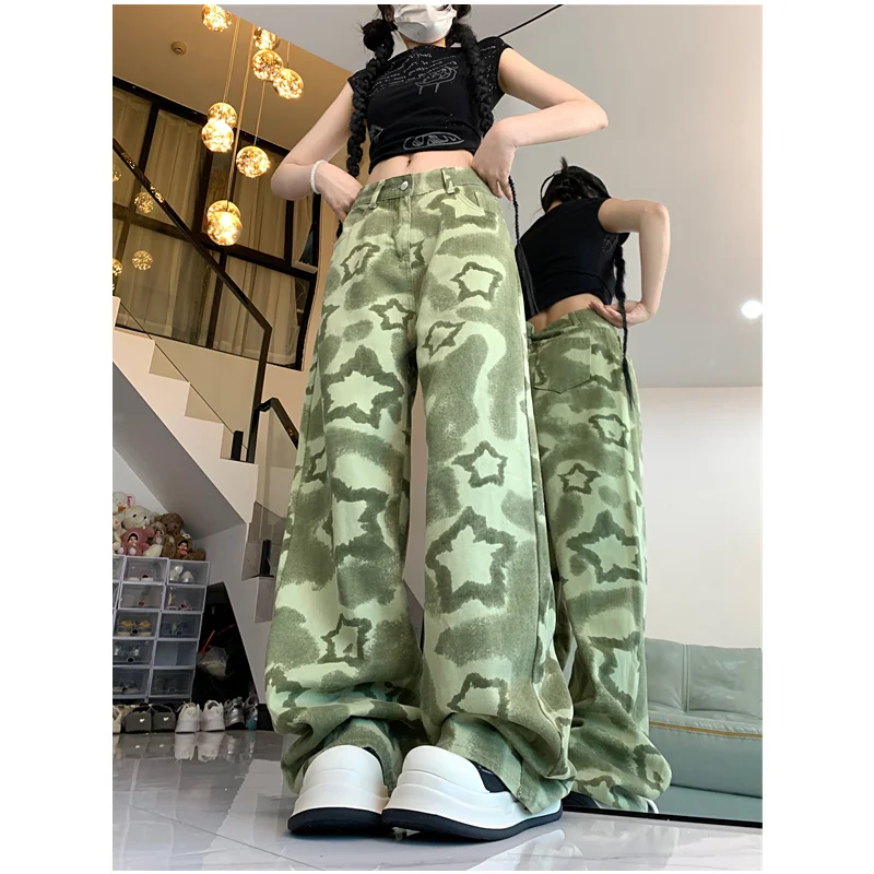 Green Womens Jeans High Waist Vintage Straight Baggy Denim Pants Streetwear American Design Sense Fashion Wide Leg Denim Trouser