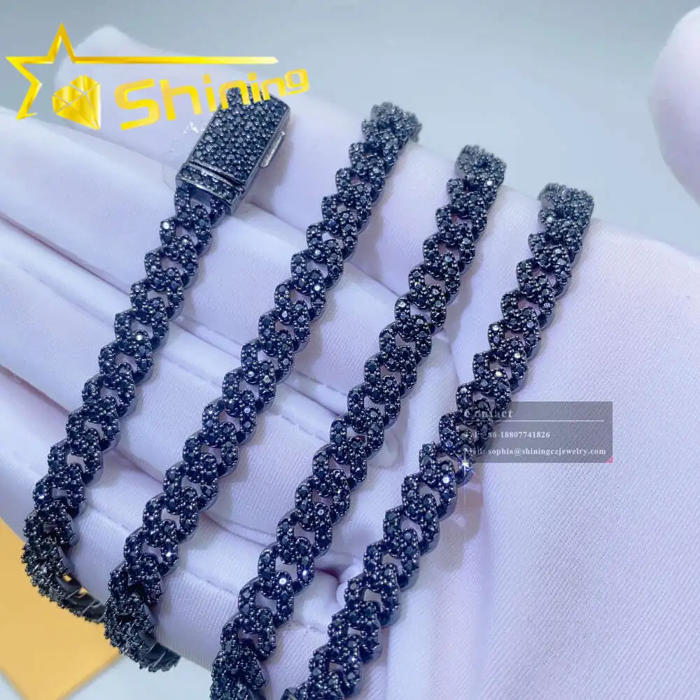 Luxury Cheap Price 925 Solid Silver 6mm 8mm Hip Hop Iced Out Vvs Black Color Diamond Moissanite Cuban Link Chain.
