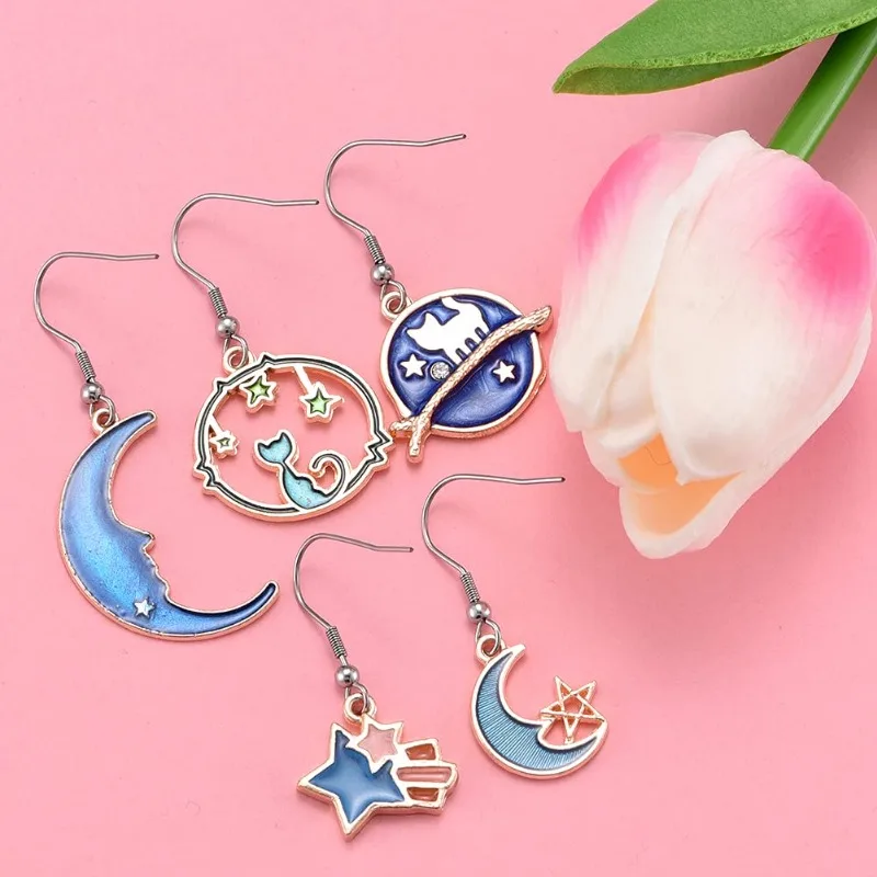 10pcs Assorted Enamel Cat Moon Star Celestial Charm Pendant DIY for Earrings Necklace Bracelet Jewelry Making Crafting