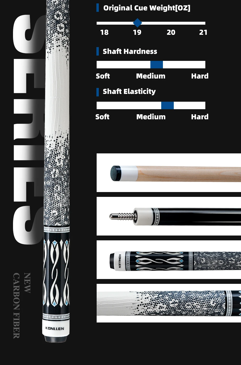 KONLLEN Dragon Pool Queue, Schaft aus hartem Ahorn, 10,5-12,5 mm, mehrschichtige Spitze, 3/8x8 XTC Griff aus Rindsleder, 58 Zoll, 19-20 Unzen – Detail 4