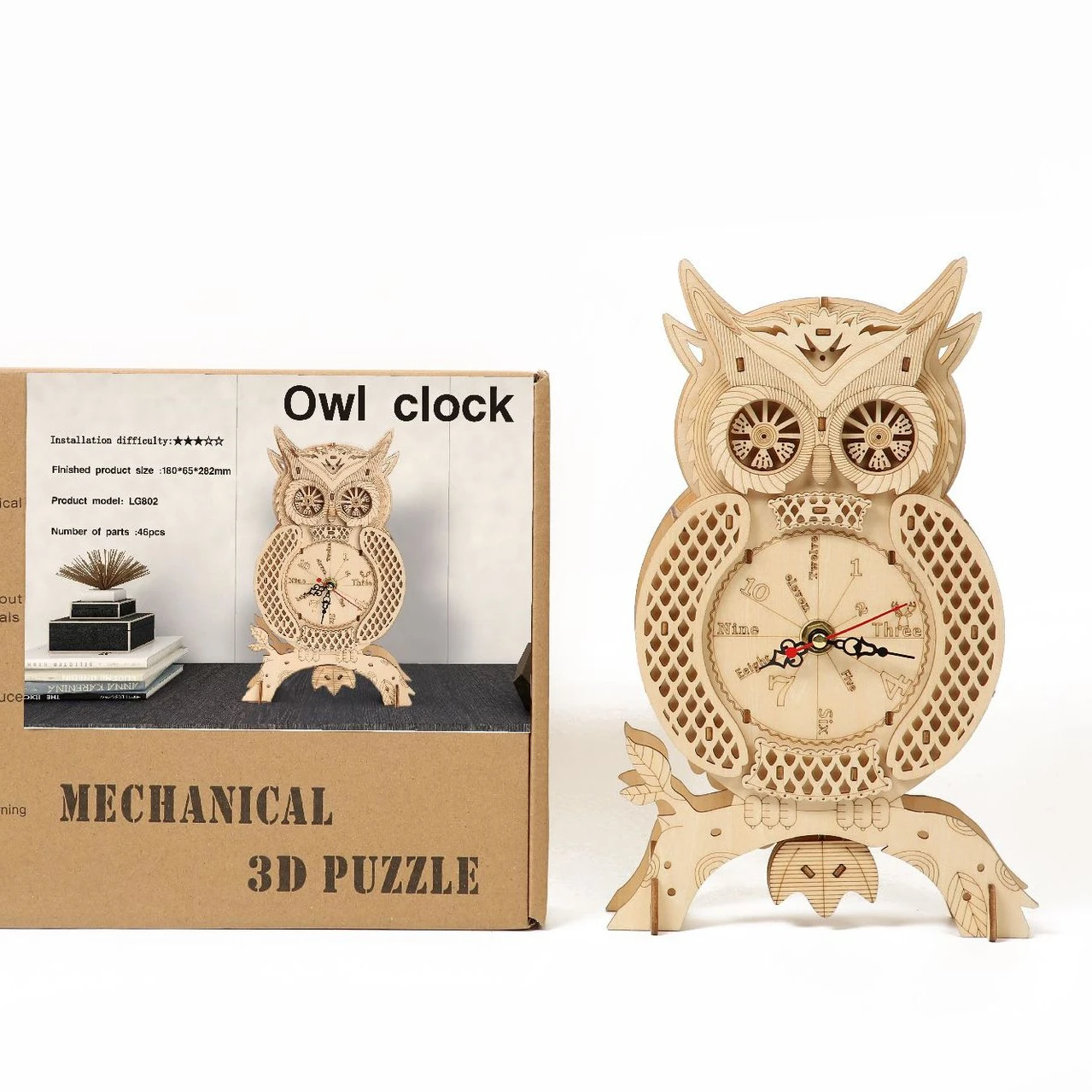 Diy basswood laser technology owl clock assembly toy 3d hollow mechanical pendulum clock puzzle