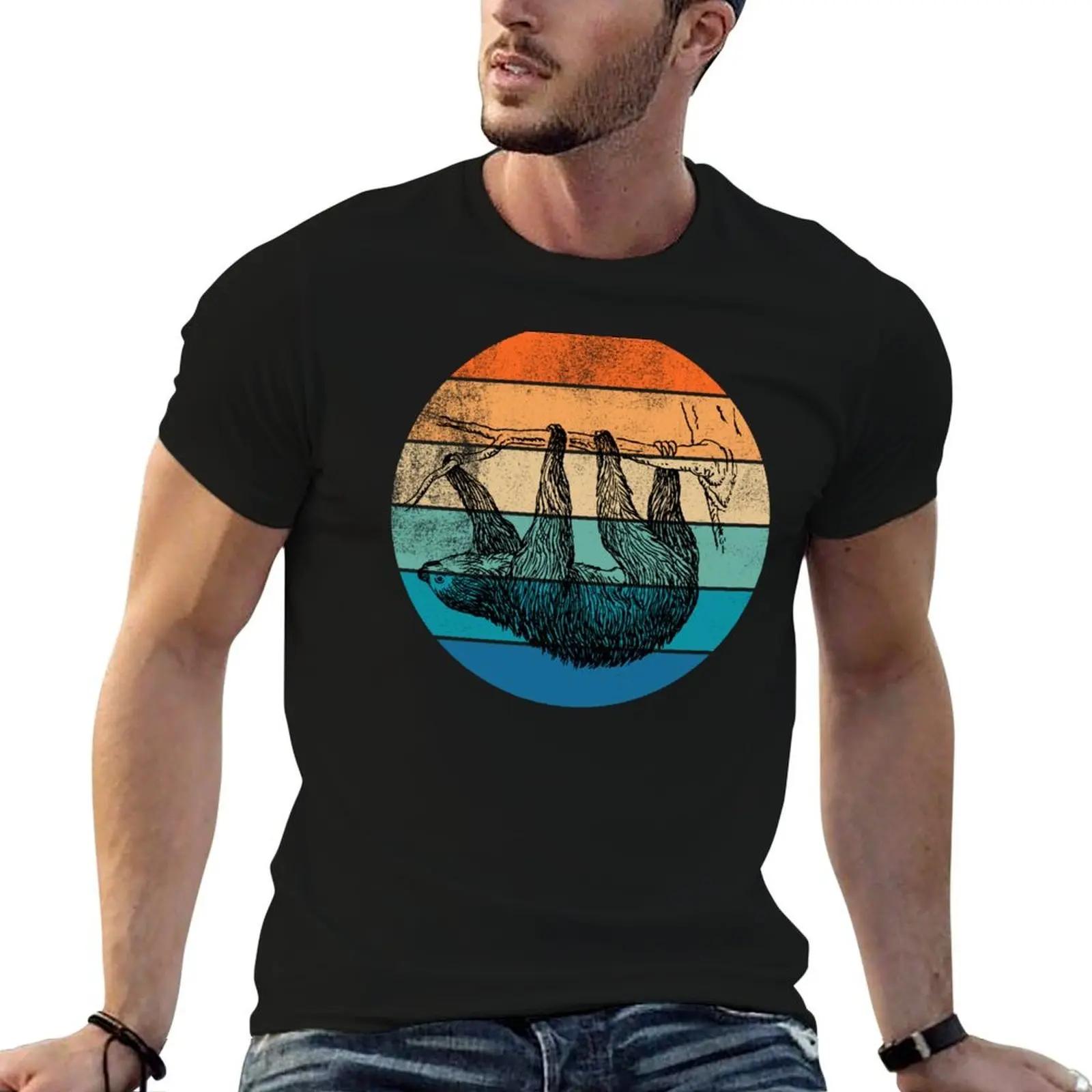 Футболка Sloth Retro Sunset, мужские футболки с графическим принтом, винтажная базовая футболка, футболки в стиле аниме, футболка оверсайз