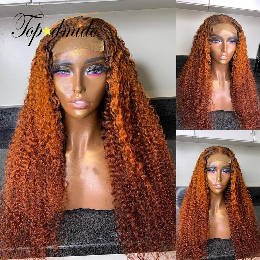 

Topodmido 4x4 Brazilian Remy Hair Closure Wigs for Woman Ombre Ginger Color 13x6 Curly Human Hair Wigs with Pre-Plucked Hairline