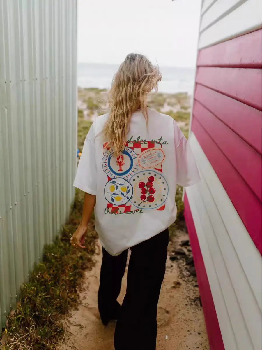 Lemon Tomato Shrimp Back Funny Printed White T-shirt for Women Casual Crew Neck Short Sleeve Summer Y2k Aesthetic Tee Female New