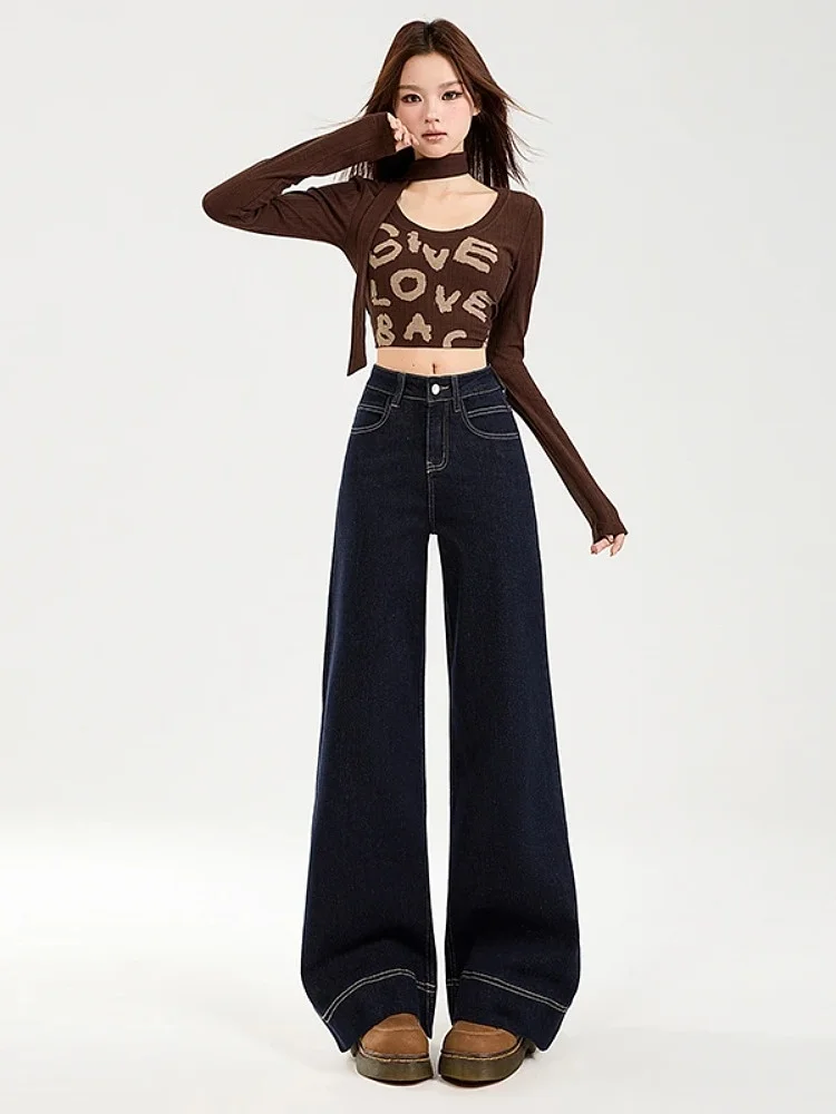 Calça jeans feminina anti-desbotamento, perna larga, americana, corte solto, elástica, preguiçosa, queimada, até o chão, calças de emagrecimento