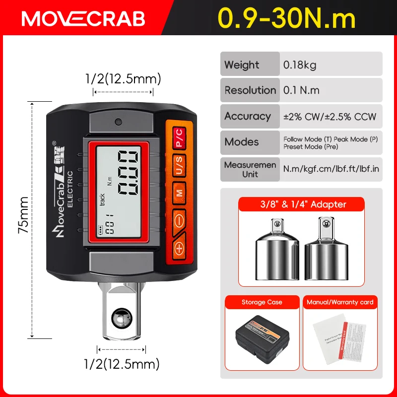 MoveCrab Digitale Koppeladapter 1/2 "Drive Inclusief Adapters voor 3/8" en 1/4" Elektronische Momentsleutel Fietsset Auto Reparatie Fiets