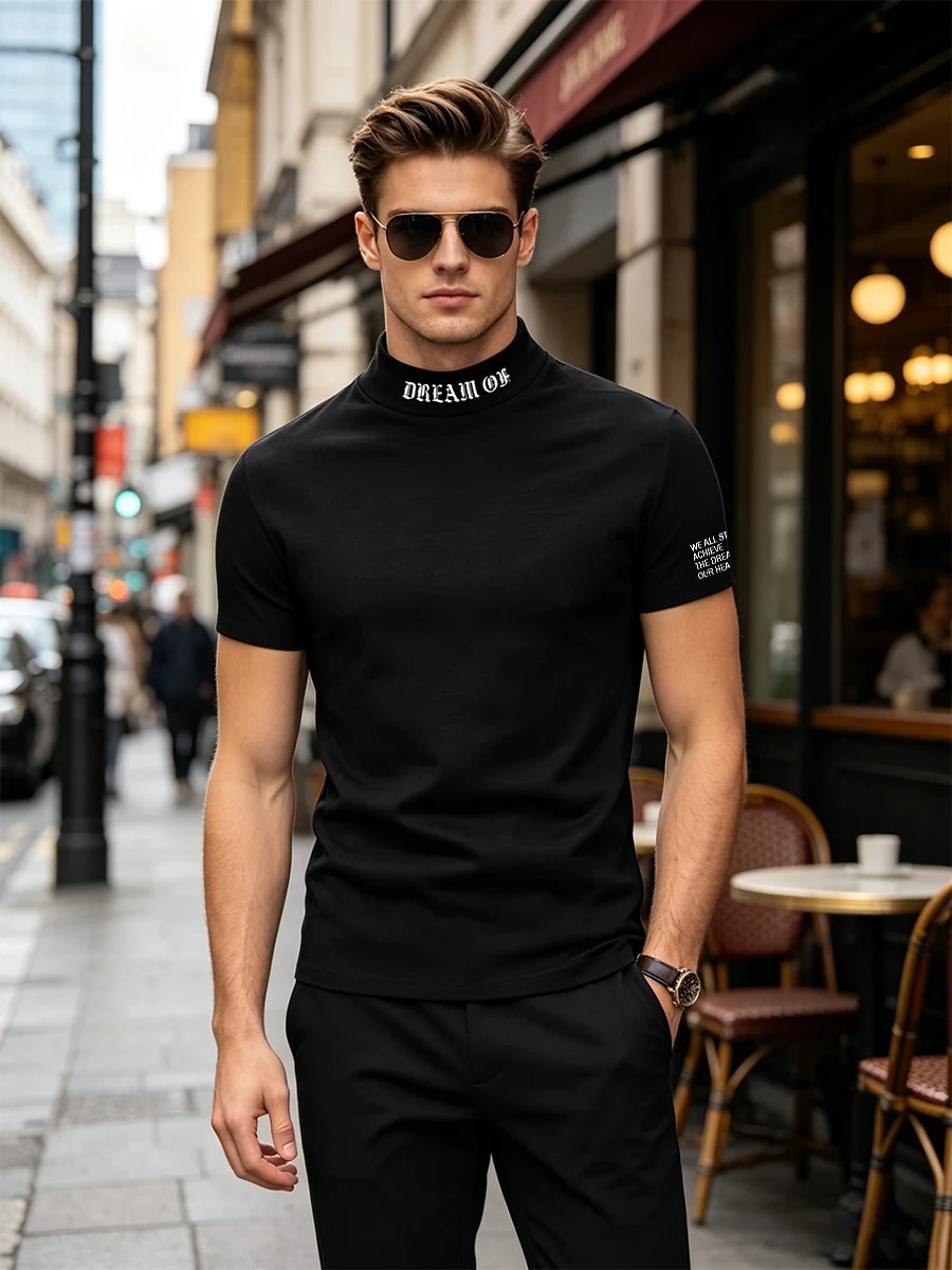 Half high neck black round neck T-shirt, casual letter printed base top
