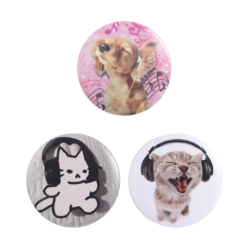 Rock Music Cat Dog Tinplate Soft Button Pin Playful Cat Wearing Headphones Listening To Music Brooches Lapel Badge Jewelry Gift